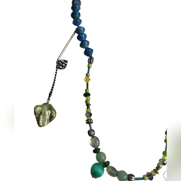 Blue Paper Beads assemblage Drop Bar Chain Rose Beads Necklace - Picture 5 of 5